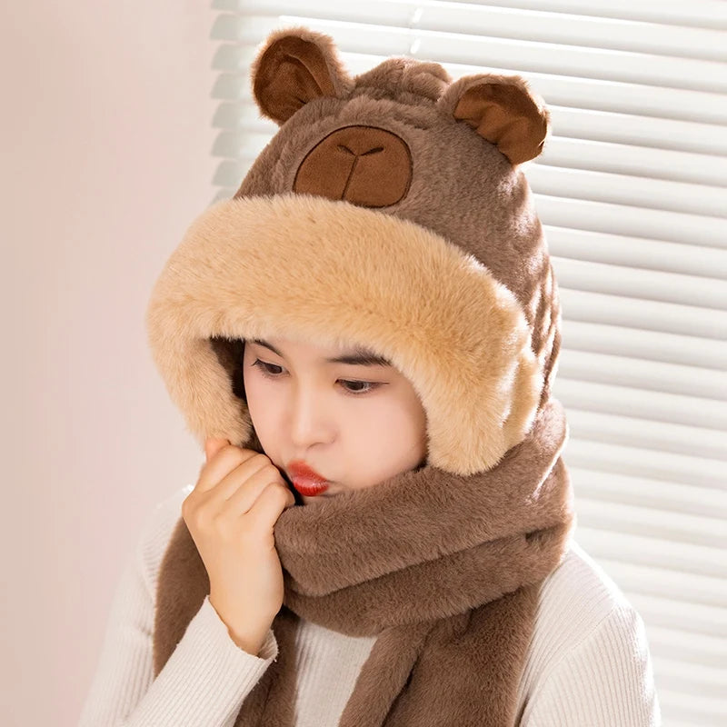 Kawaii Capybara Scarf Hat with Cozy Hand Pouches Brown Color