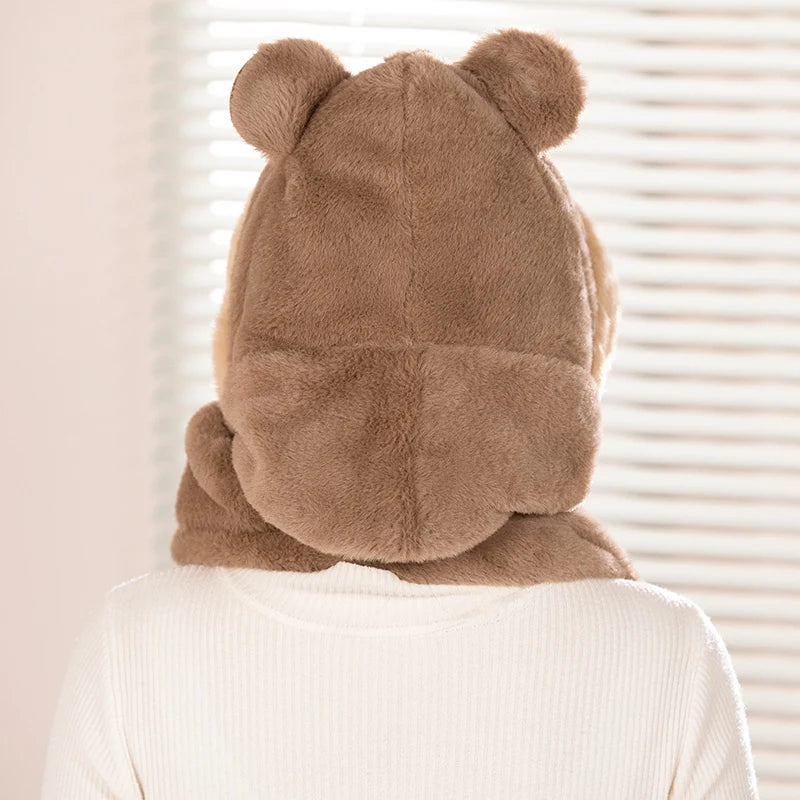 Capybara Scarf Hat with Cozy Hand Pouches Back View Brown Color