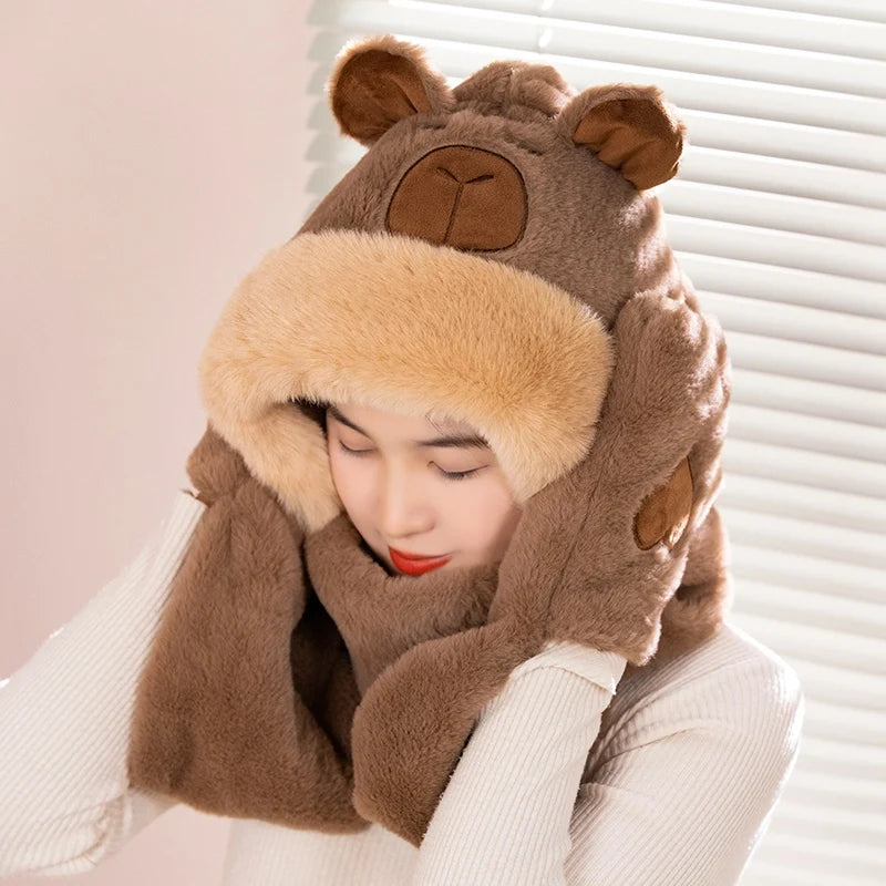Capybara Scarf Hat with Cozy Hand Pouches Brown Color