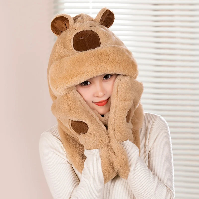 Capybara Scarf Hat with Cozy Hand Pouches Light Brown Color