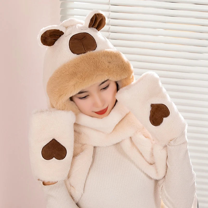 Kawaii Capybara Scarf Hat with Cozy Hand Pouches White Color