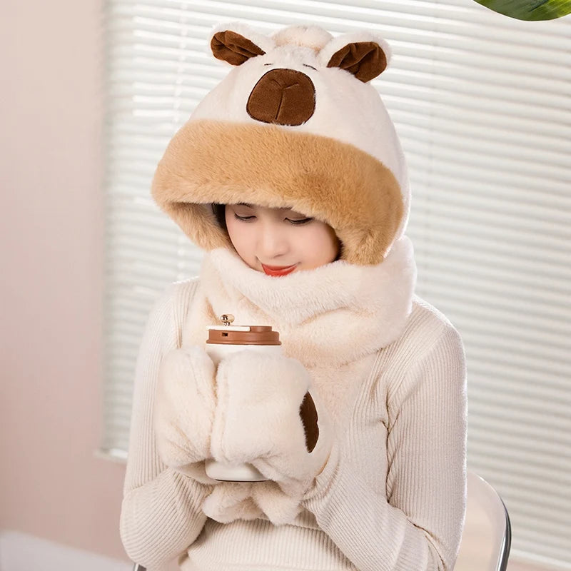 Capybara Scarf Hat with Cozy Hand Pouches White Color