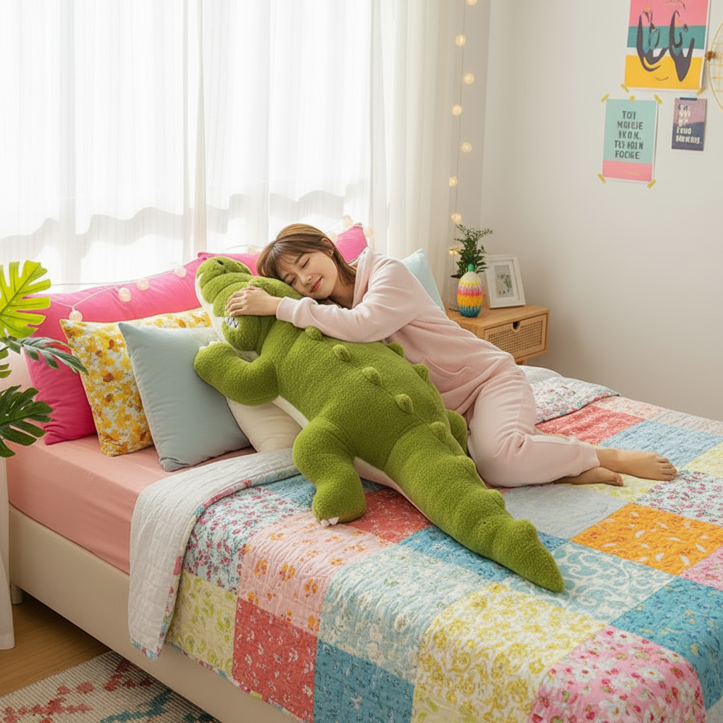 Person in pajamas lying on a bed with a large green crocodile plush toy, surrounded by colorful pillows and a patchwork quilt.