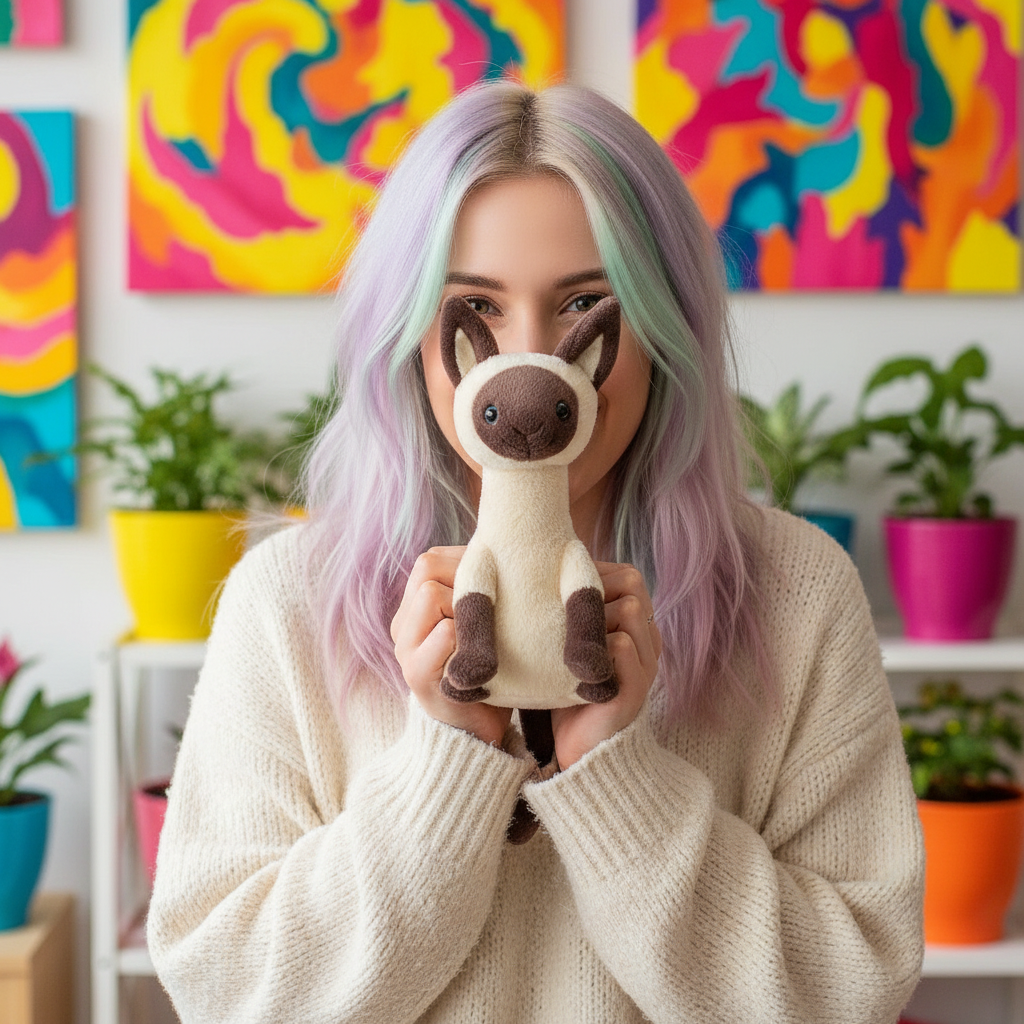 Person holding a plush cat in front of their face with colorful abstract art in the background