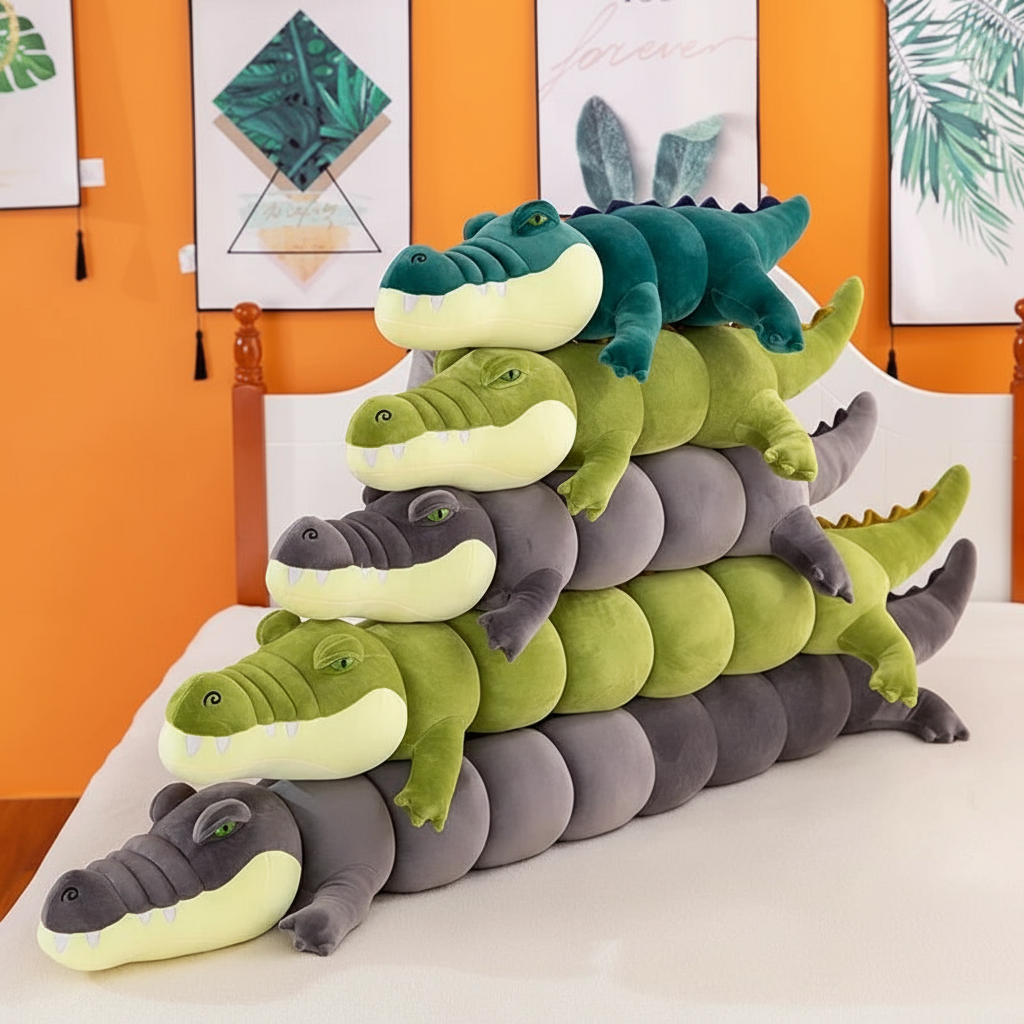 Many crocodile plush body pillows stacked showing various sizes on a bed in a colorful bedroom setting