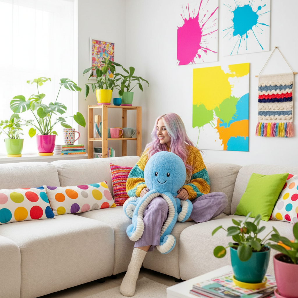 Woman sitting on a couch holding a plush toy octopus in a colorful living room.