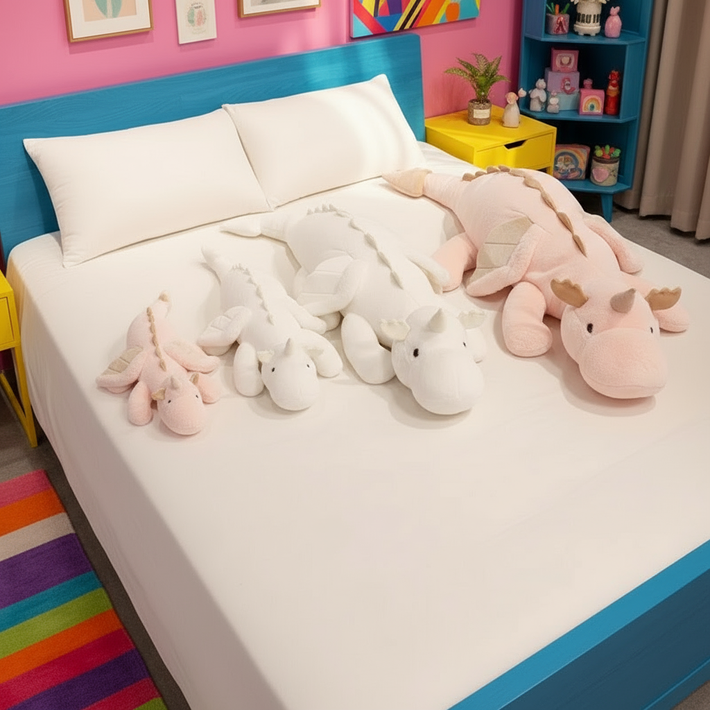 Four dragon plushies of different sizes laying on a bed in a colorful bedroom