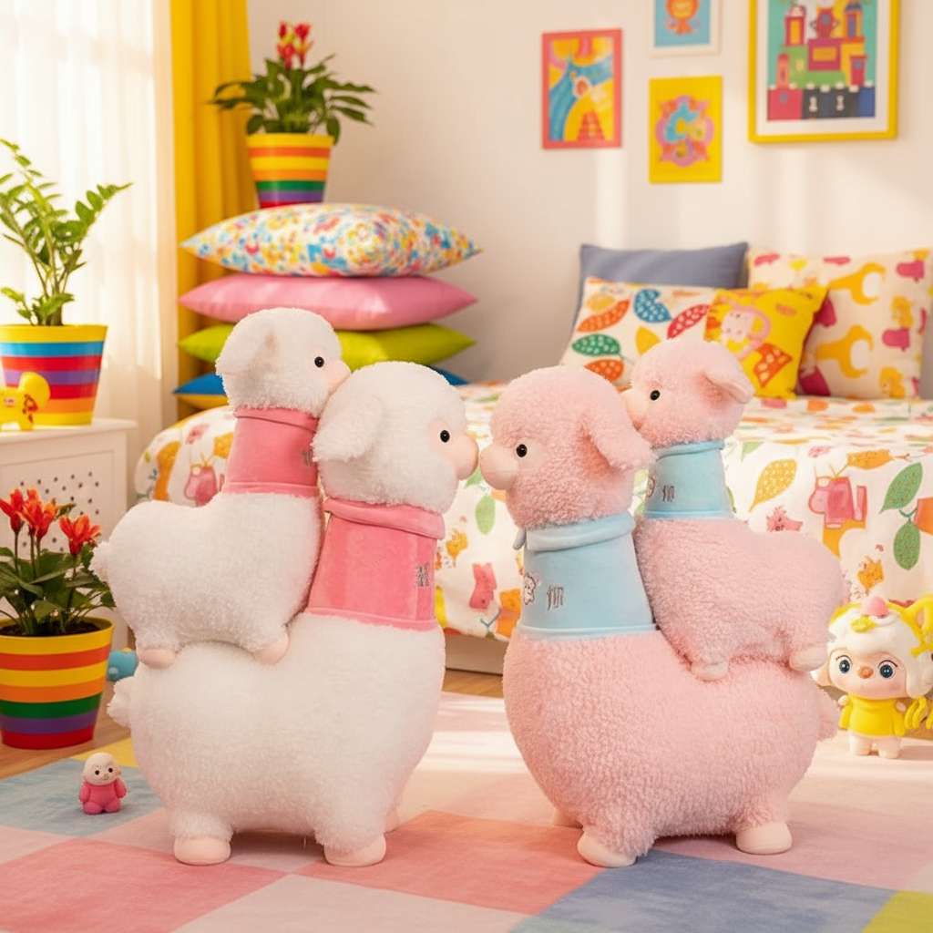 Two plush alpaca toys in a colorful room with pillows and plants.