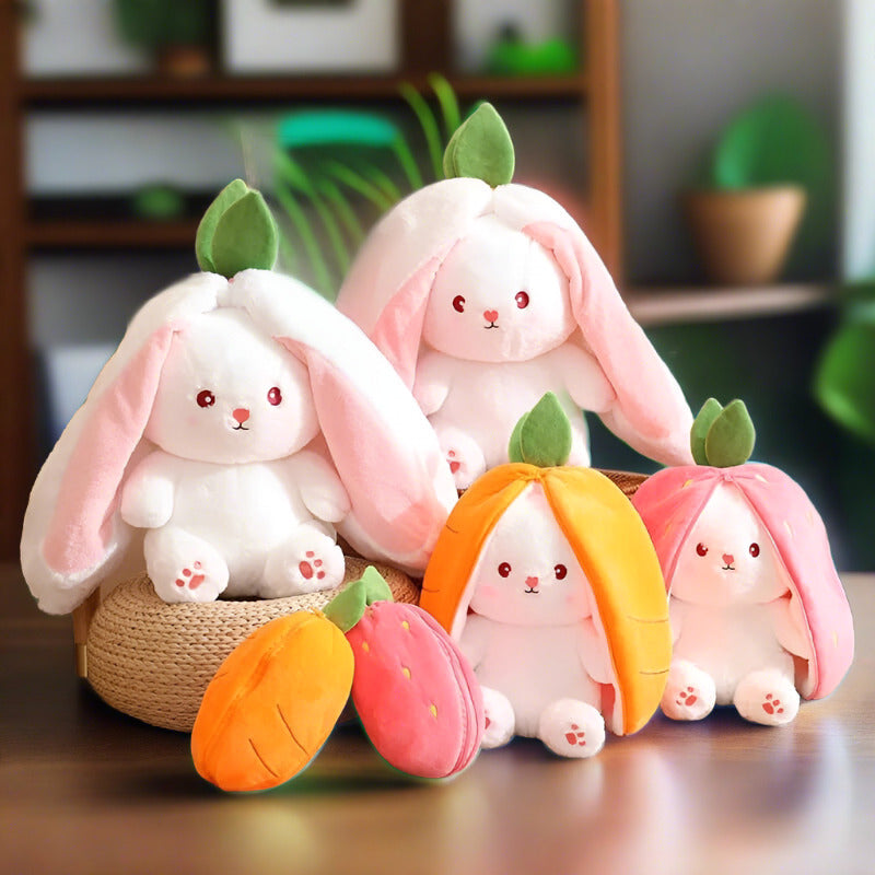 Kawaii Carrot Bunny Plushie group photo with strawberry and carrot
