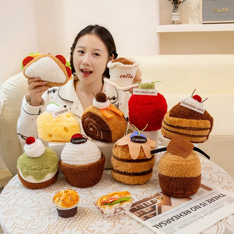 Woman holding plush toy food items on a table with a newspaper