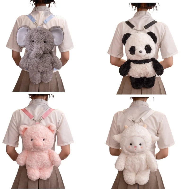 Four different plush animal backpacks worn by a person in a uniform.