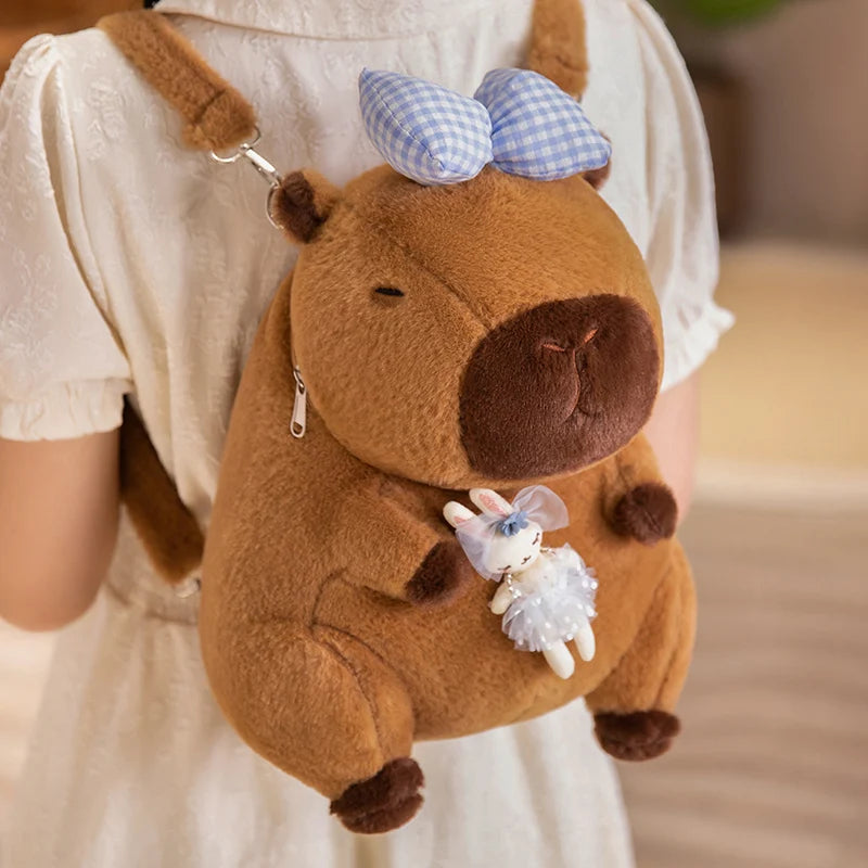 Kawaii Capybara Plushie Backpack Blue Bow