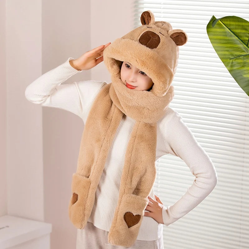 Capybara Scarf Hat with Cozy Hand Pouches Light Brown Color