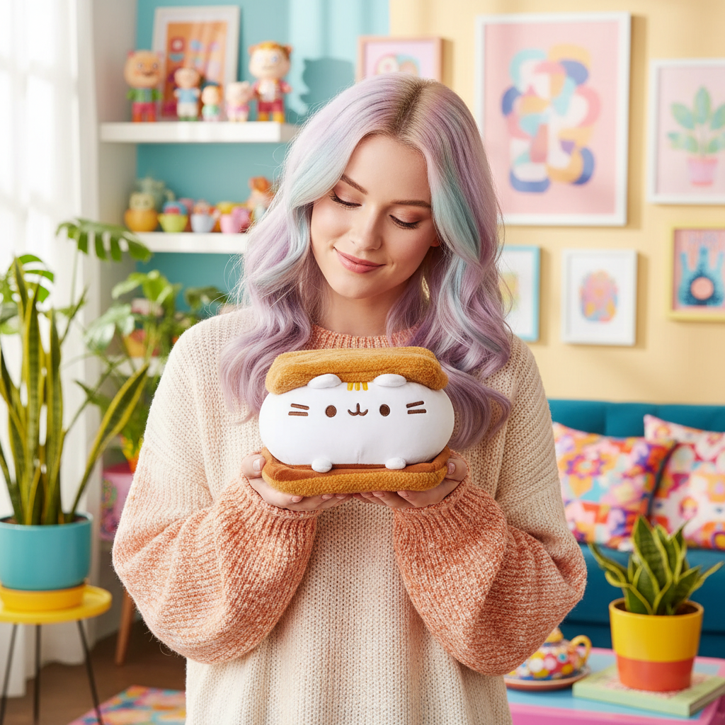 Woman holding a plush toy in a colorful room with plants and artwork.
