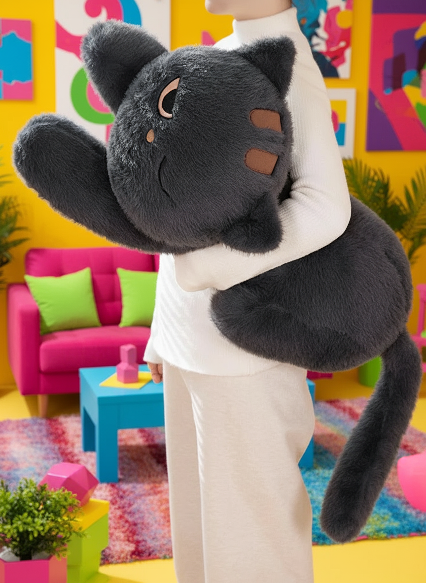 Woman holding a huge gray cat stuffed animal in a vibrant living room setting