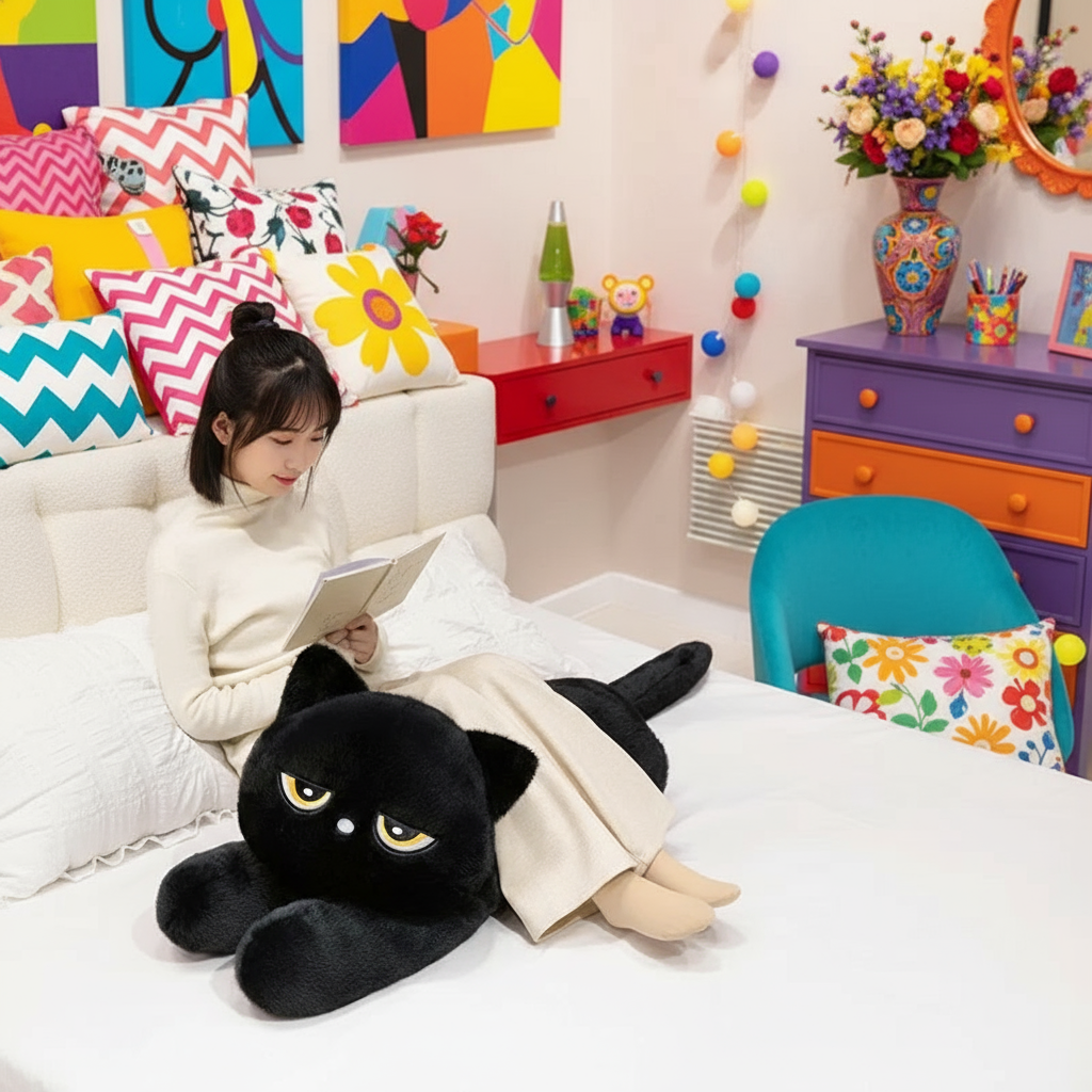 Woman sitting on a bed reading a book with a black cat stuffed animal as a pillow