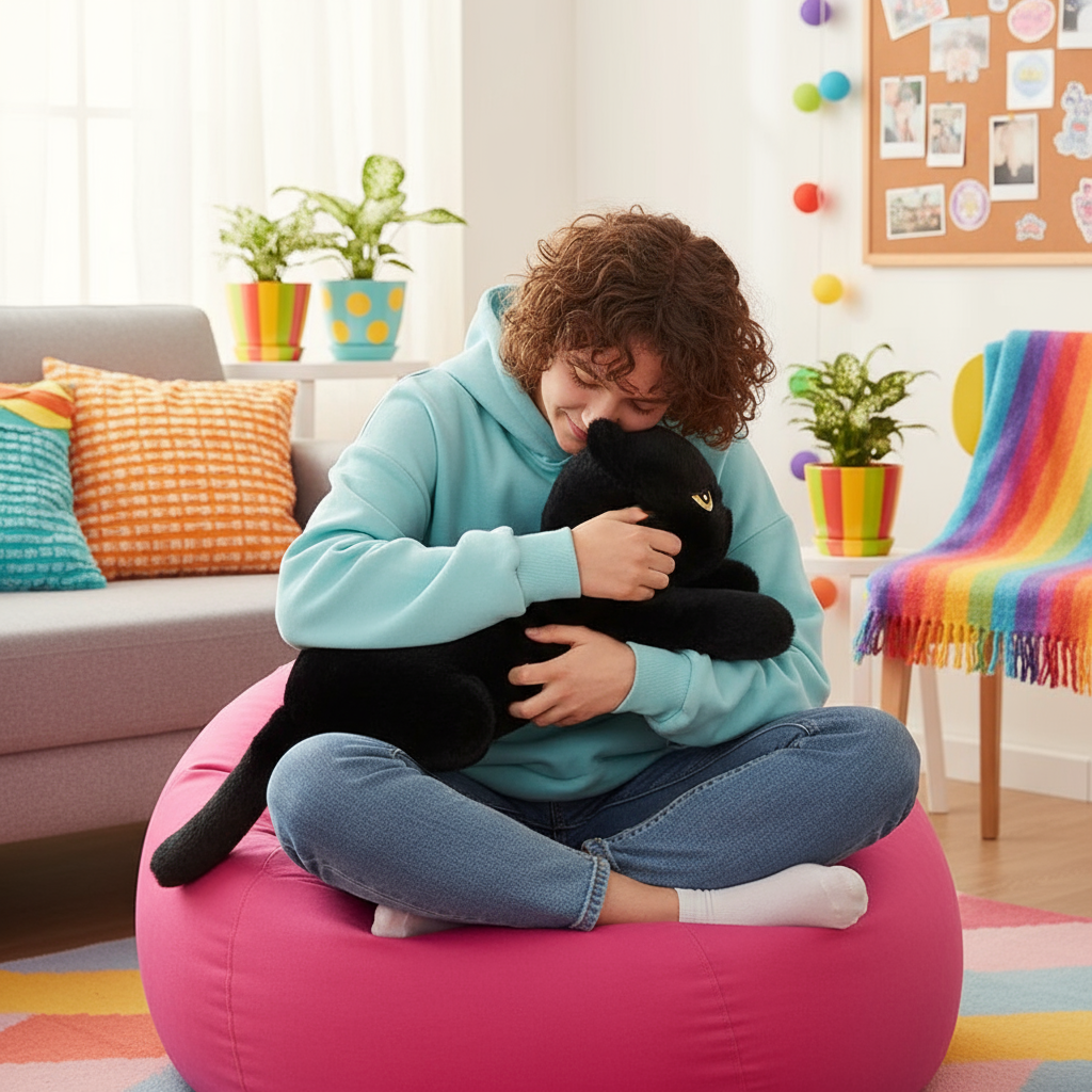 Woman sitting on a bean bag holding a black plush cat in a colorful living room setting