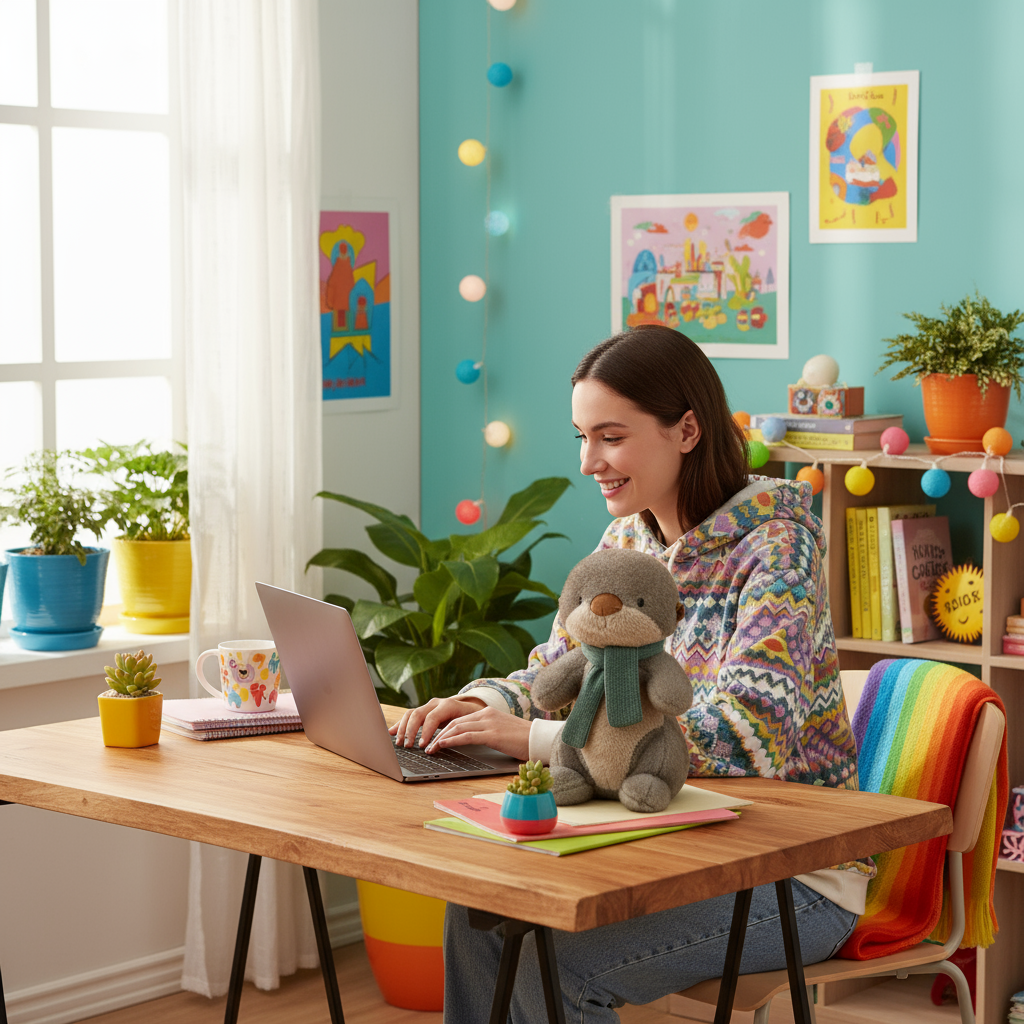 Woman sitting at a desk with a laptop, holding a plush otter toy in a colorful room.