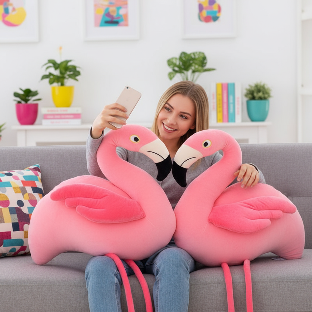 Person holding two large pink flamingo plush toys in a living room.
