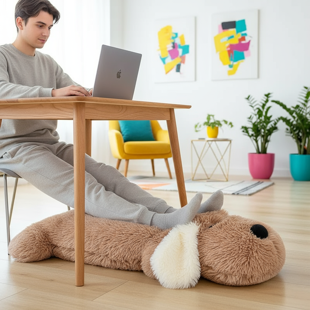 Person sitting at a desk with a laptop, using a large plush dog toy as a footrest.