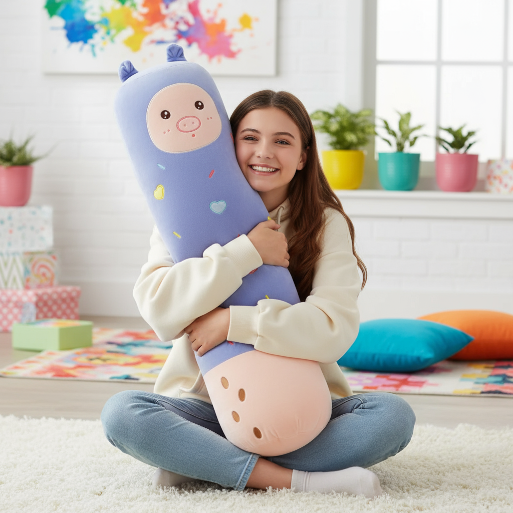 Girl holding a large plushie body pillow with a pig face in a bright play room setting