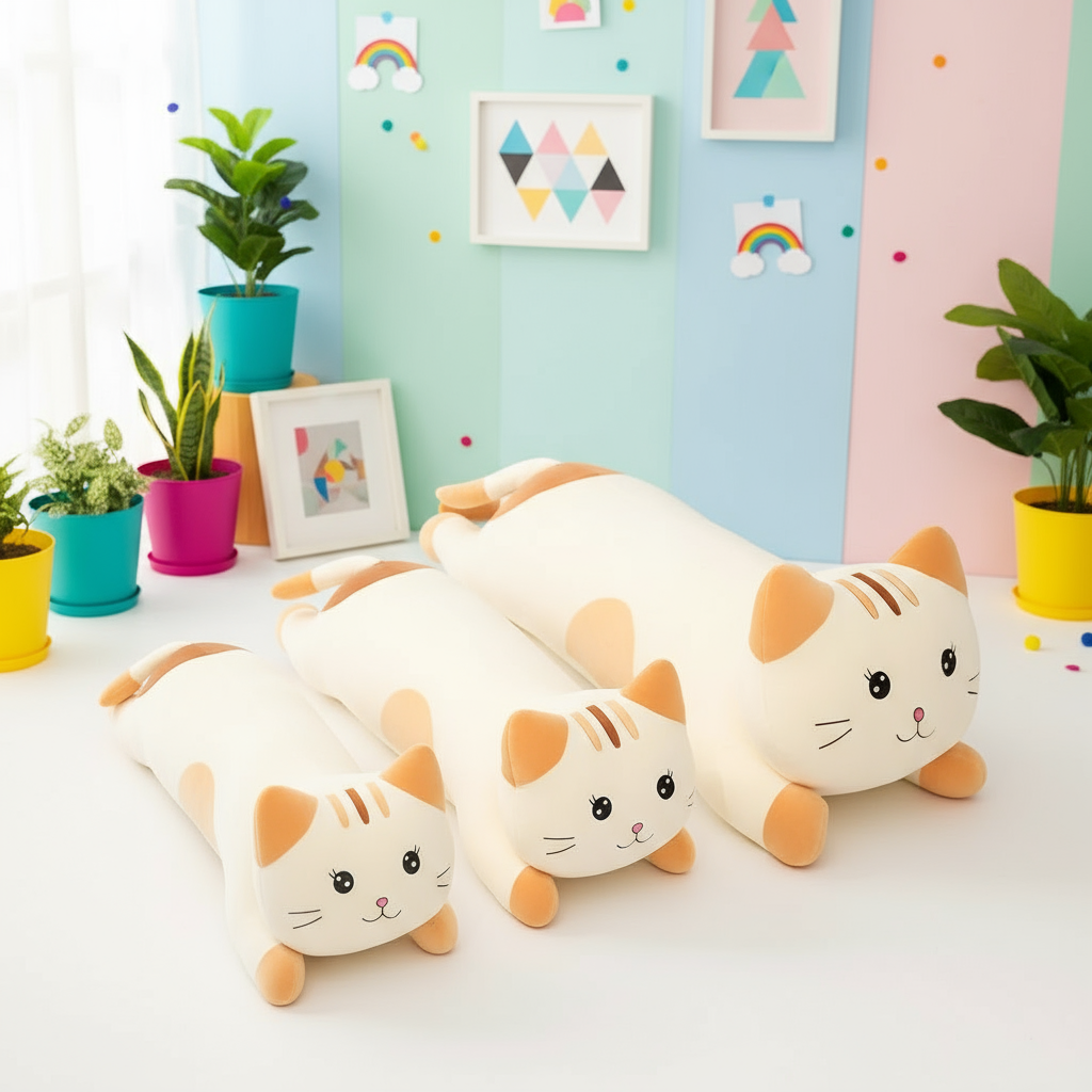 Set of cat-shaped stuffed animals on a table with a colorful wall and plants in the background