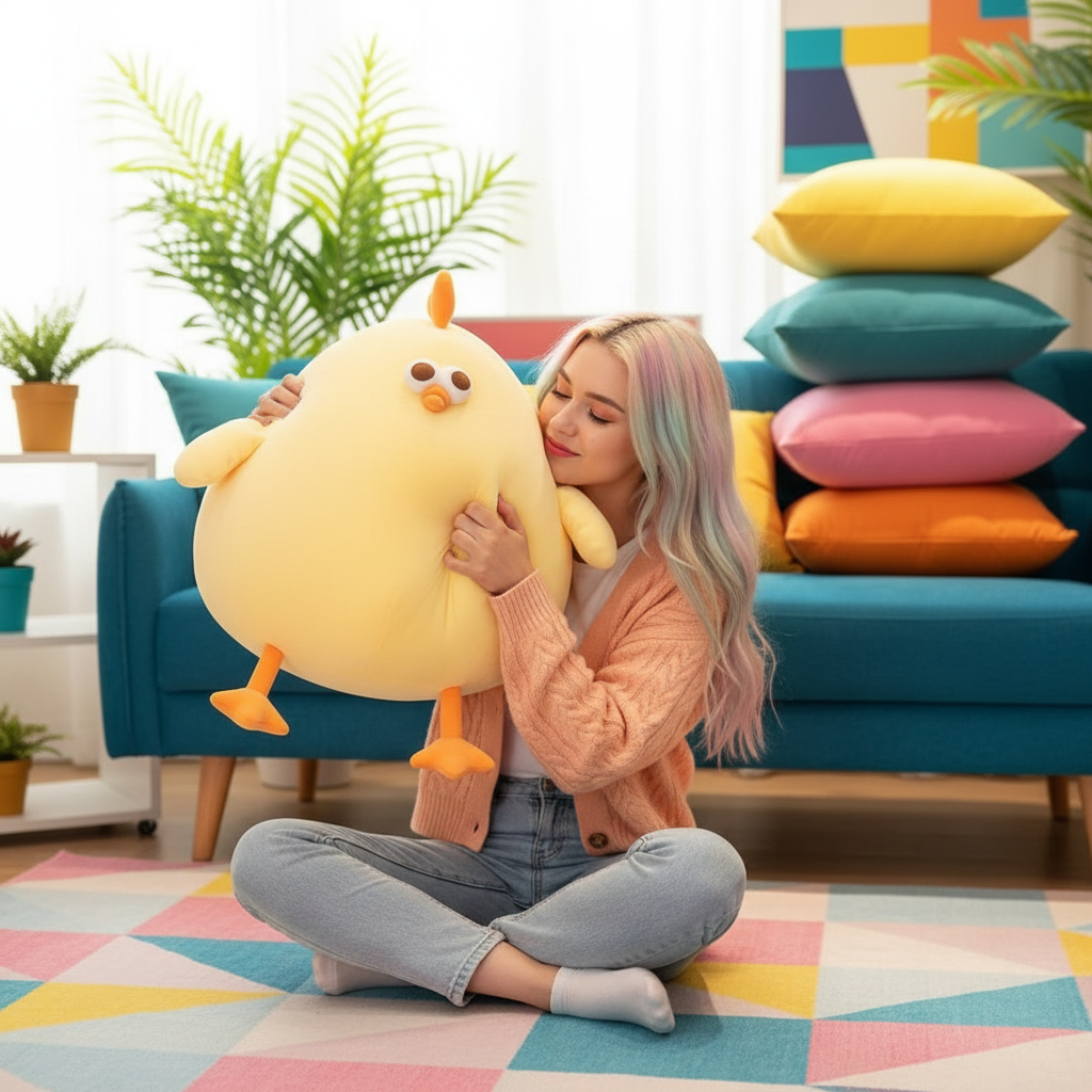 Woman hugging a large yellow plush toy in a colorful living room.