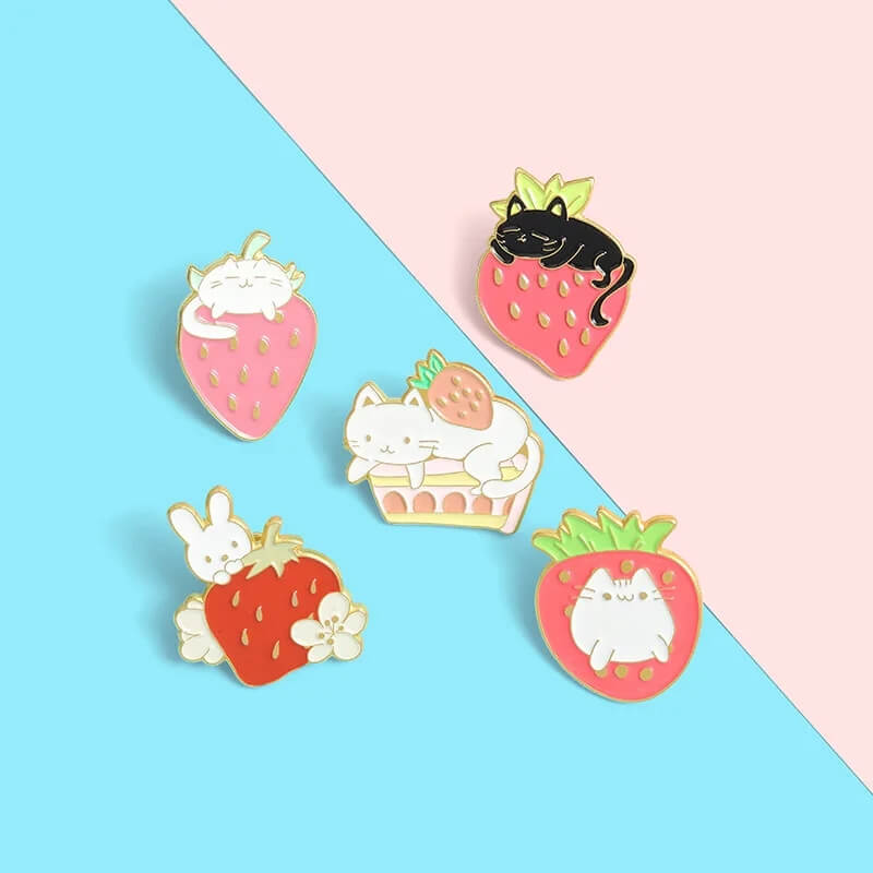 Sweet Strawberry Enamel Pin Set blue and pink background