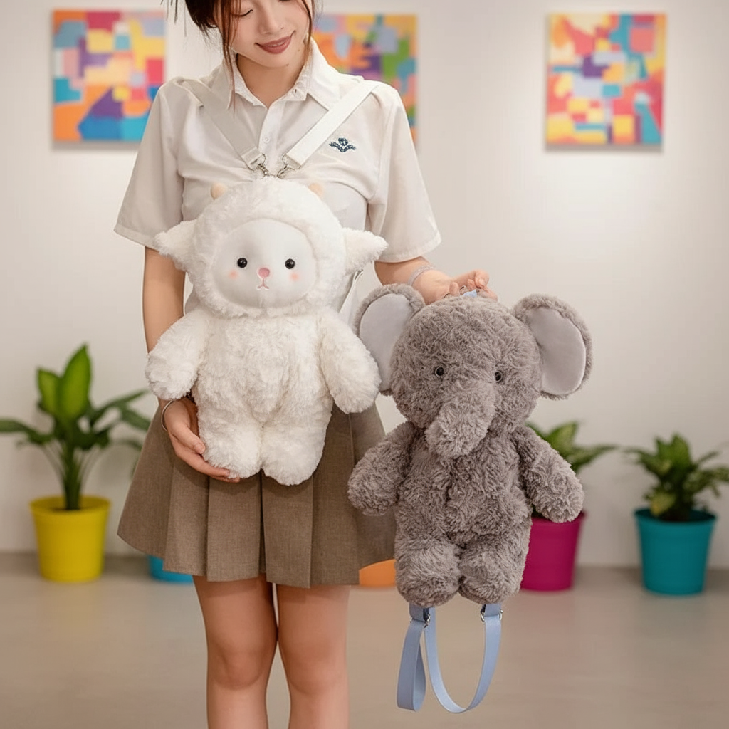 Person holding a white plush lamb and a gray plush elephant in a room with colorful abstract art on the wall.