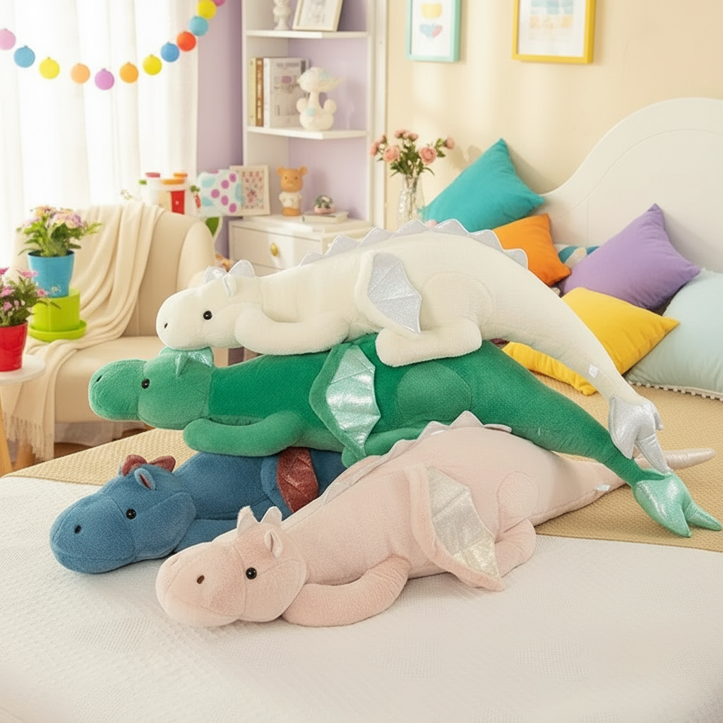 Colorful plush toy dragons on a bed in a child's room with colorful pillows and decorations.