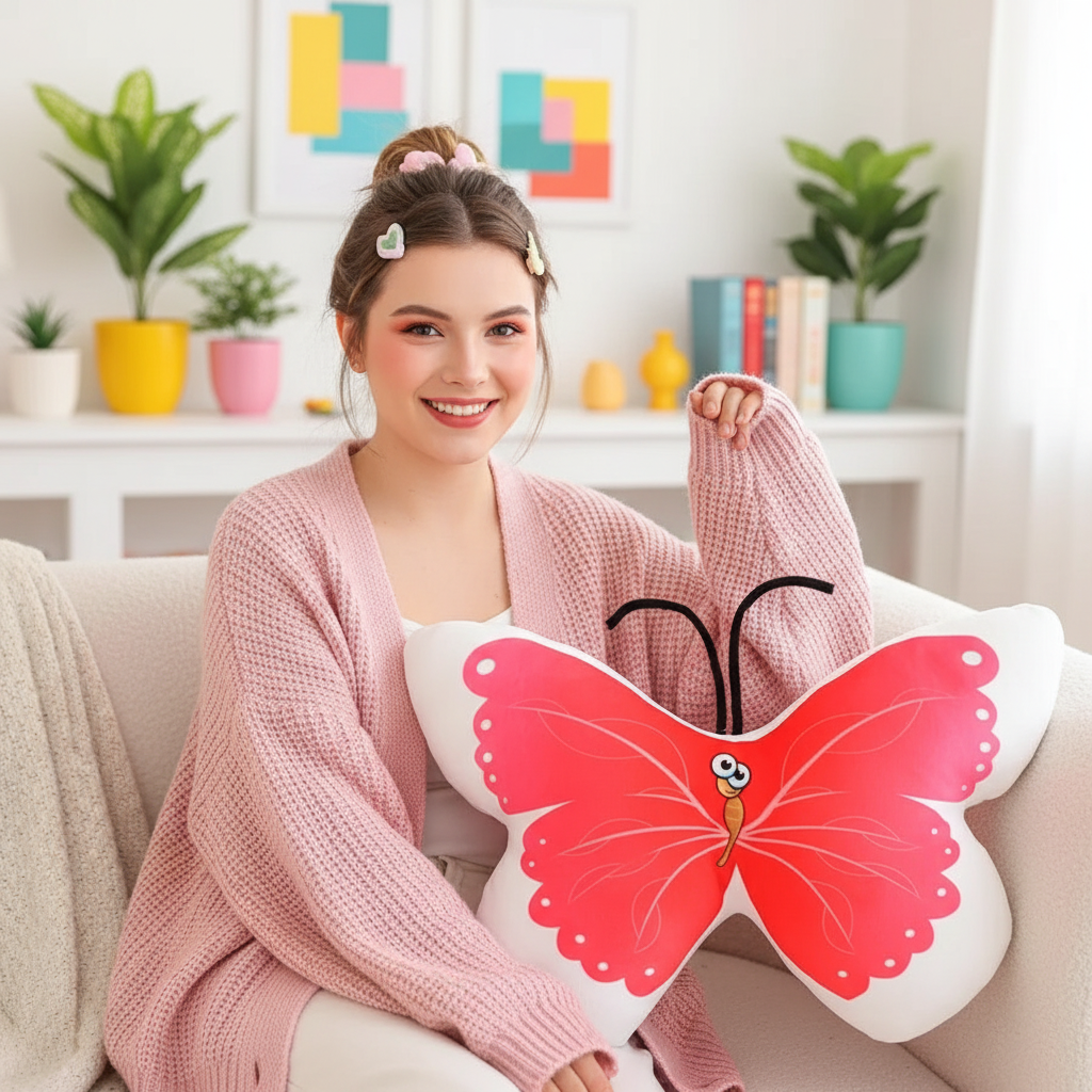 Woman holding a butterfly-shaped pillow in a bright room with plants and books.
