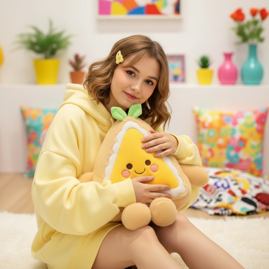 Woman in a yellow robe holding a plush toy in a colorful room