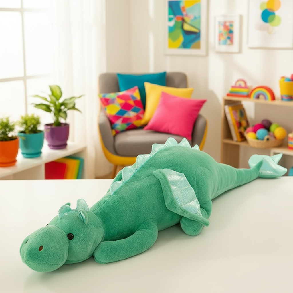 Green plush dragon toy on a bed with a colorful room in the background