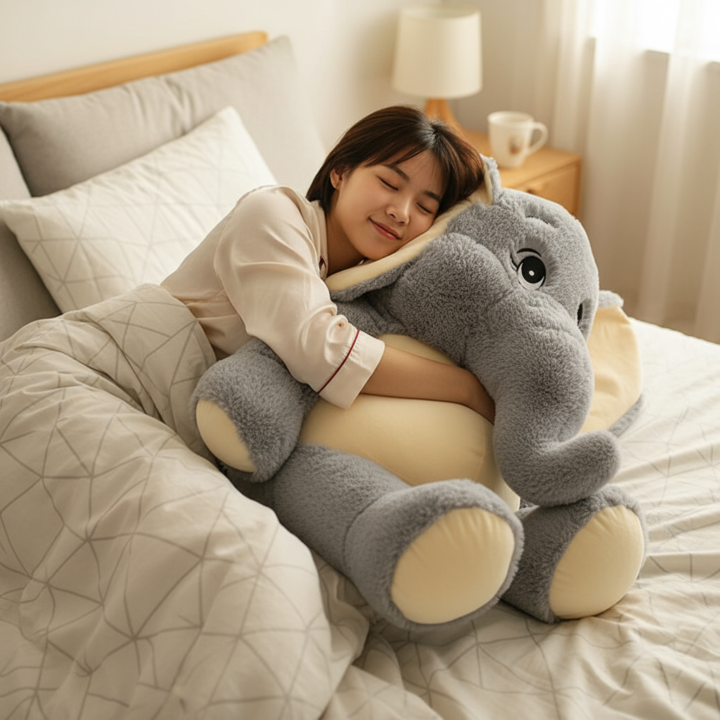 Person hugging a large gray elephant plush toy in a cozy bedroom.