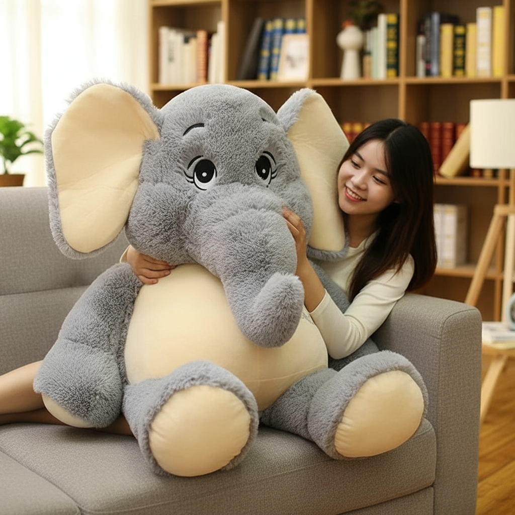 Woman holding a large plush elephant toy in a cozy living room.