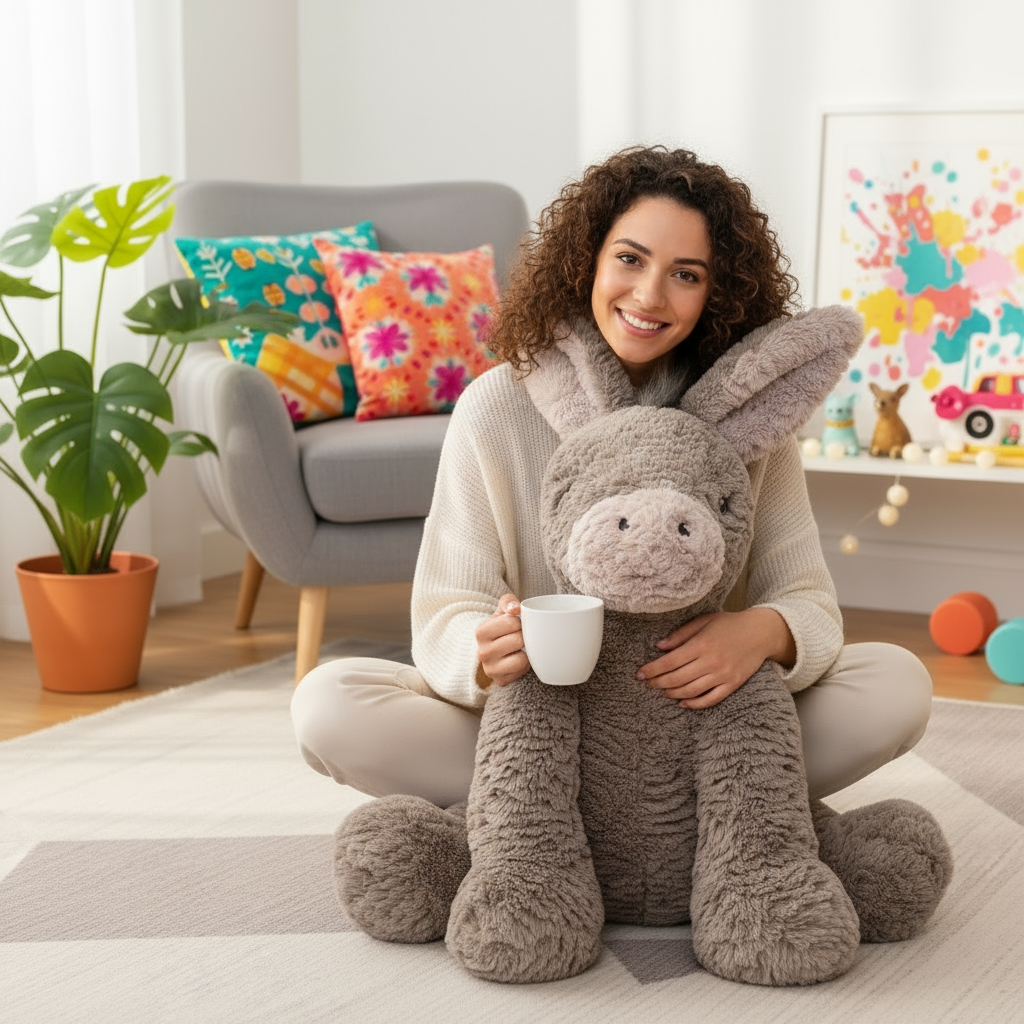 Woman holding a plush donkey toy and a mug in a cozy living room.