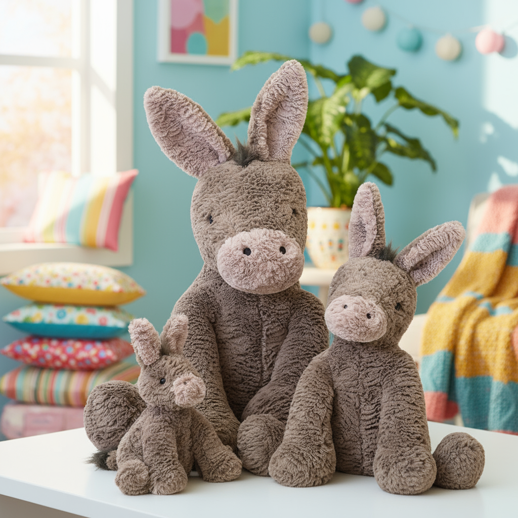 Three plush donkey toys of different sizes on a table with a colorful background.