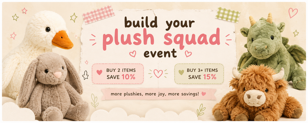 Promotional banner for 'build your plush squad' event with stuffed animals and discount information.