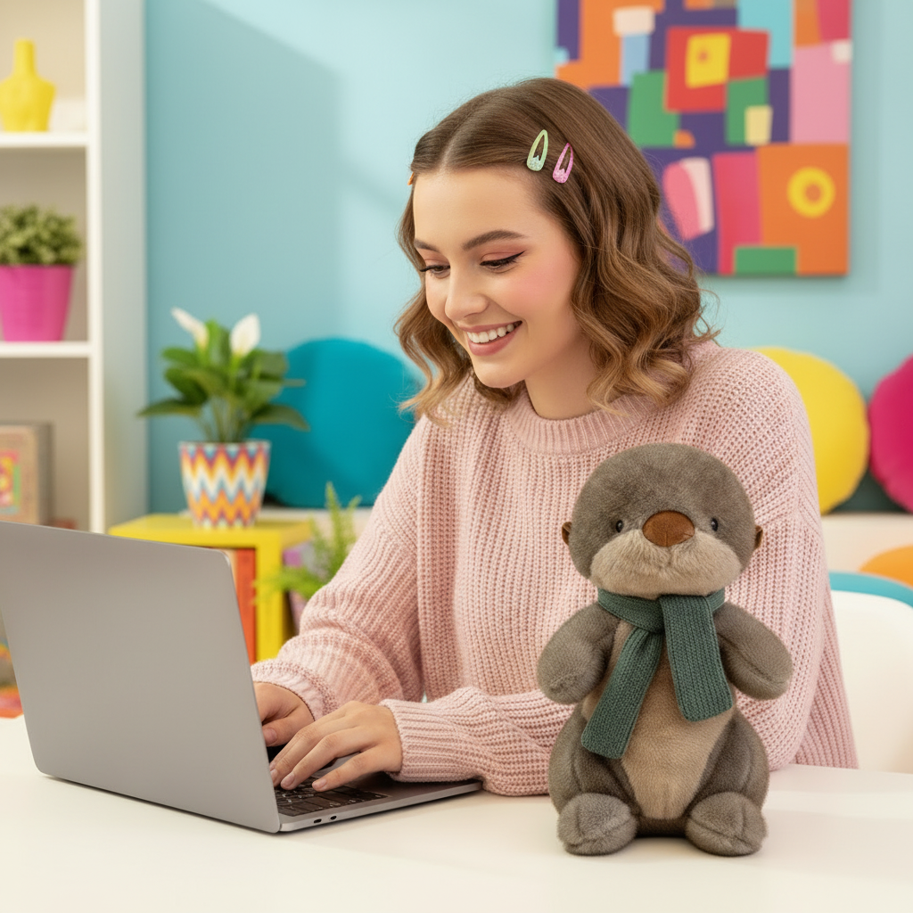 Woman using a laptop with a plush toy on a colorful background