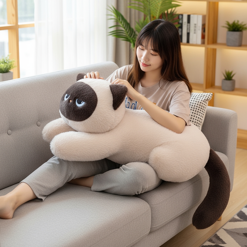 Woman sitting on a couch holding a large plush cat in a cozy living room.