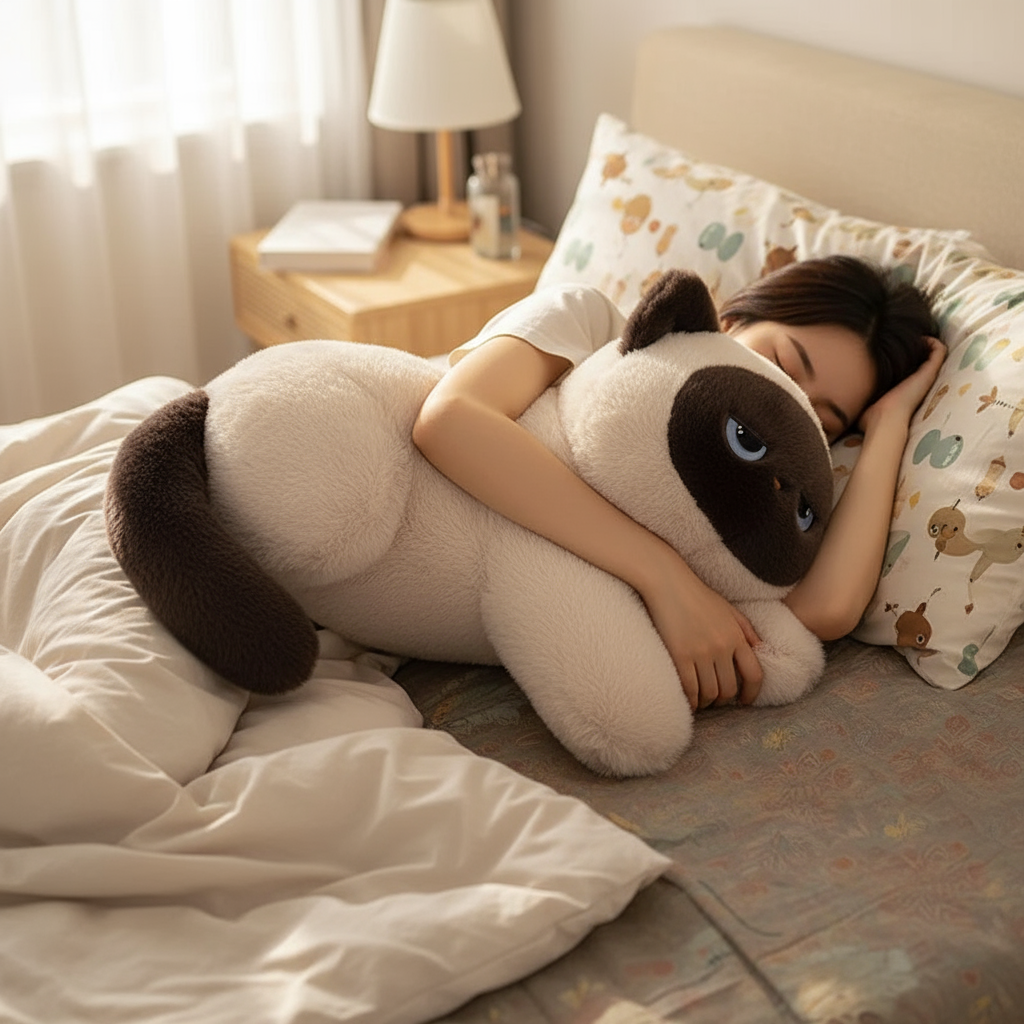 Person lying in bed with a large plush cat toy