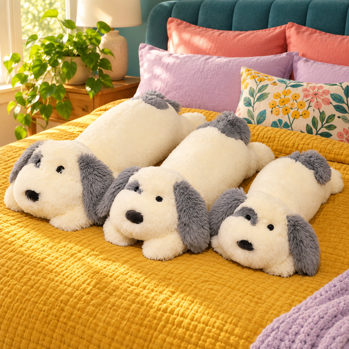 Three cream and gray Cloudpatch sheepdog body pillows arranged from largest to smallest on a mustard quilt in a colorful bedroom.
