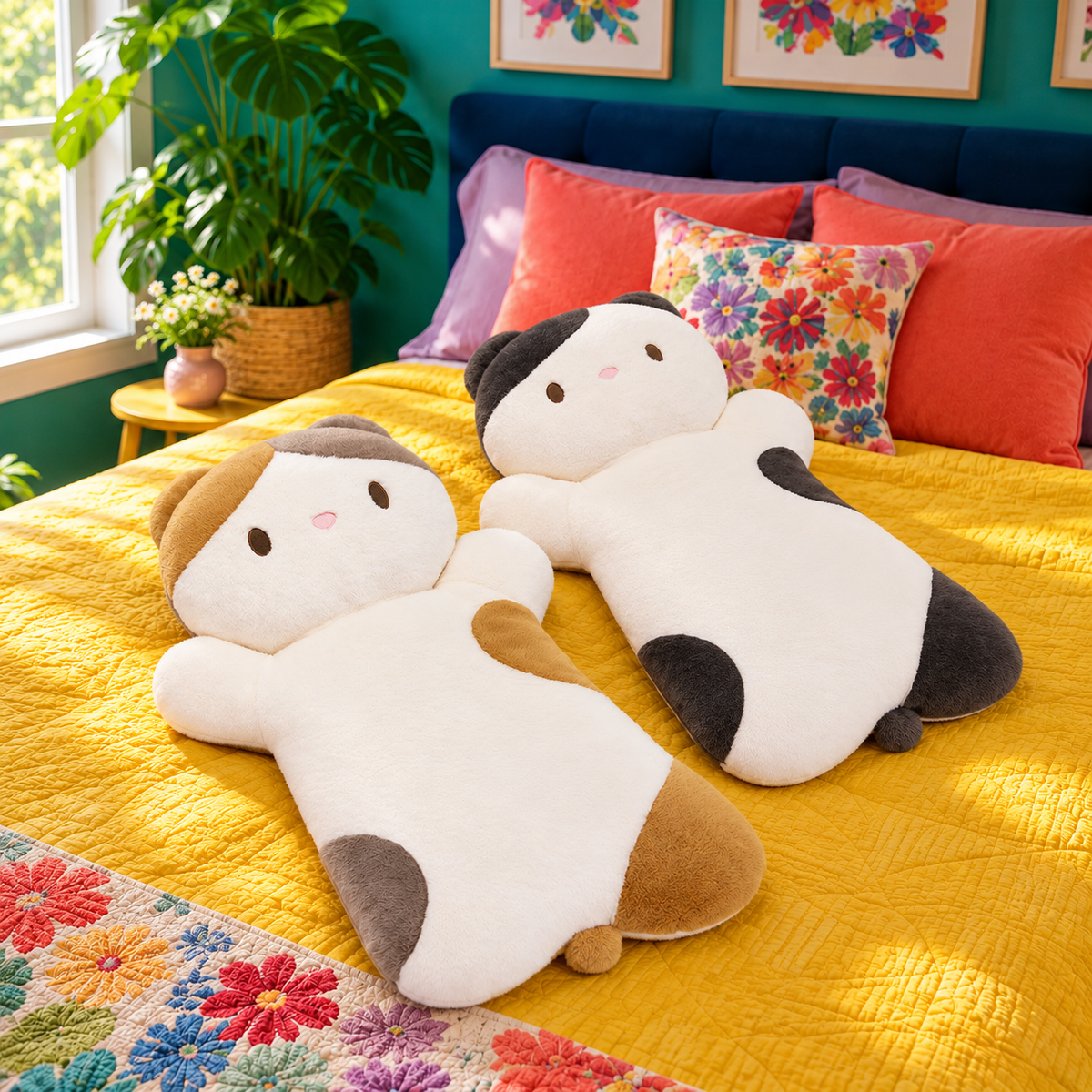 Calico and Black & White lying cat plush pillows resting on a colorful bed.