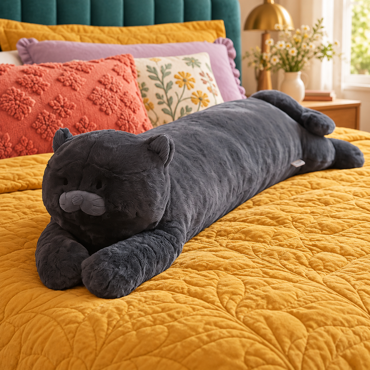 Moonlight Black Cat Body Pillow lying full length on mustard bedding in a colorful bedroom, showing its charcoal-black plush body, rounded head, small ribbed ears, gray muzzle, extended front paws, rear paws, and curled tail.