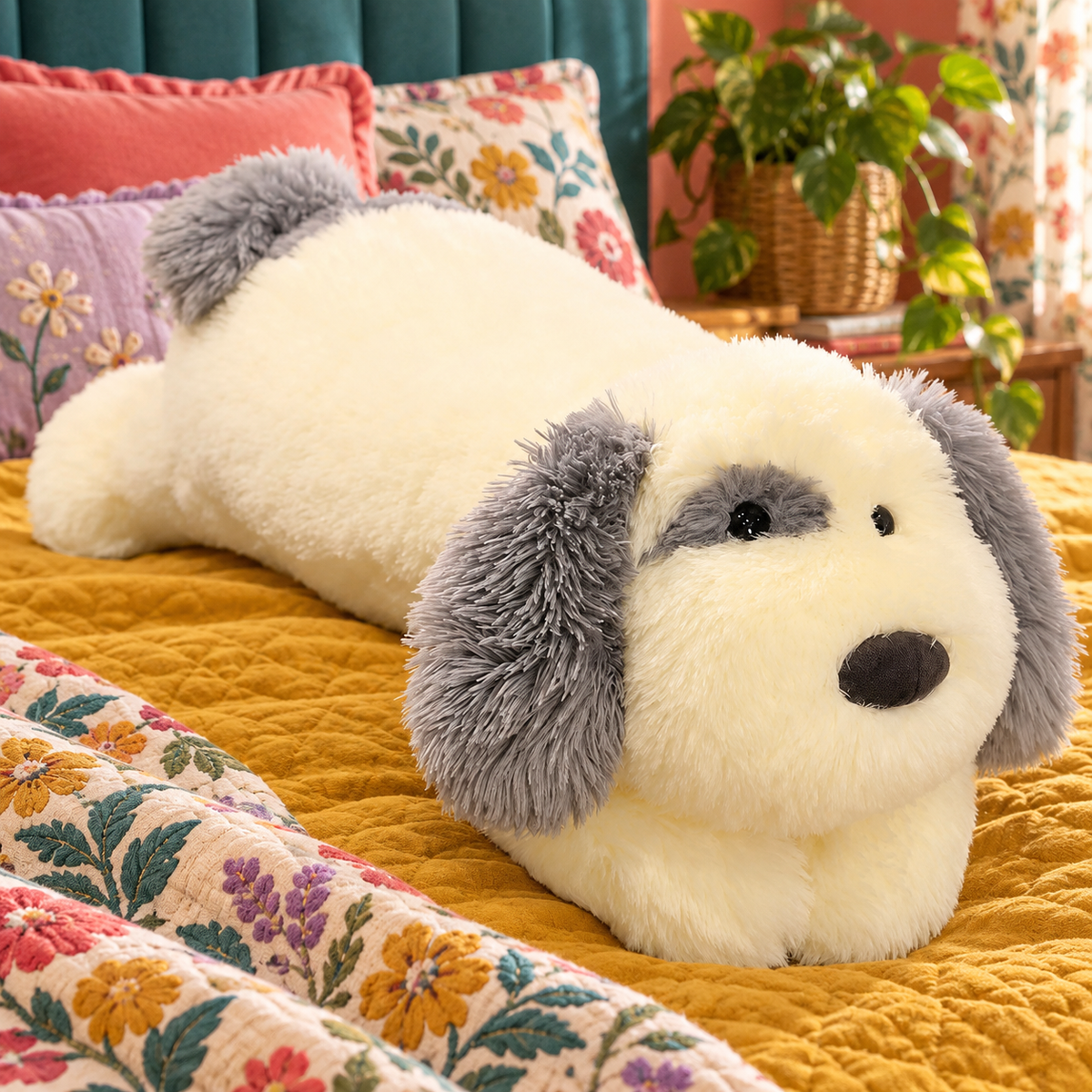 Cream and gray sheepdog plush body pillow resting on mustard bedding with shaggy fur, floppy ears, a gray eye patch, and black nose.
