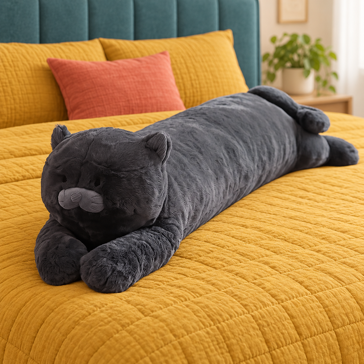 Midnight Black cat plush body pillow resting lengthwise on a mustard quilt with its rounded head, gray muzzle, small ribbed ears, long charcoal-black body, front paws, rear paws, and curled tail visible.