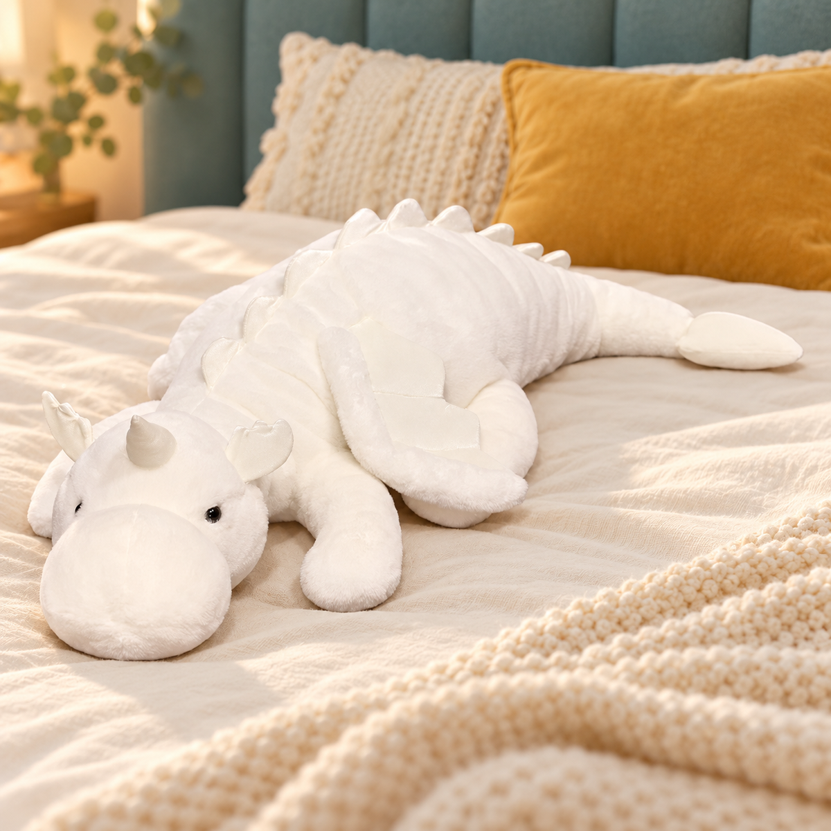 White Cuddle Soft giant dragon plushie stretched across an ivory bed, with a rounded snout, pale wing, soft spikes, and long tapered tail.