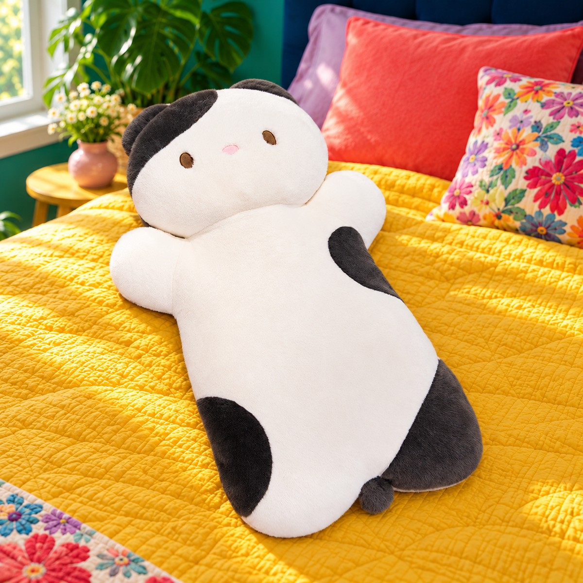 Black and White lying cat plush pillow resting flat on colorful mustard bedding.