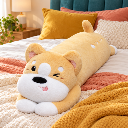 Honey gold long puppy plush body pillow with a winking face, white muzzle, white-tipped paws, and upright tail displayed on colorful bedding.