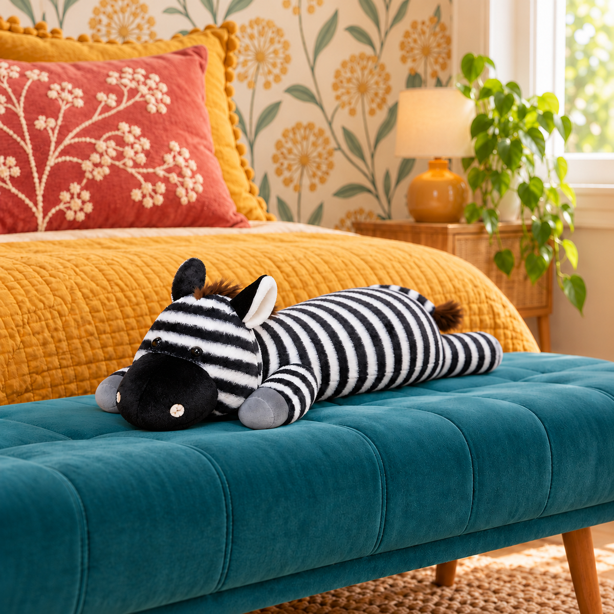 60cm / 24-inch striped zebra plush body pillow resting lengthwise on a teal upholstered bench in a colorful bedroom, with its rear leg extending naturally behind the body and its brown tufted tail centered at the hindquarters.